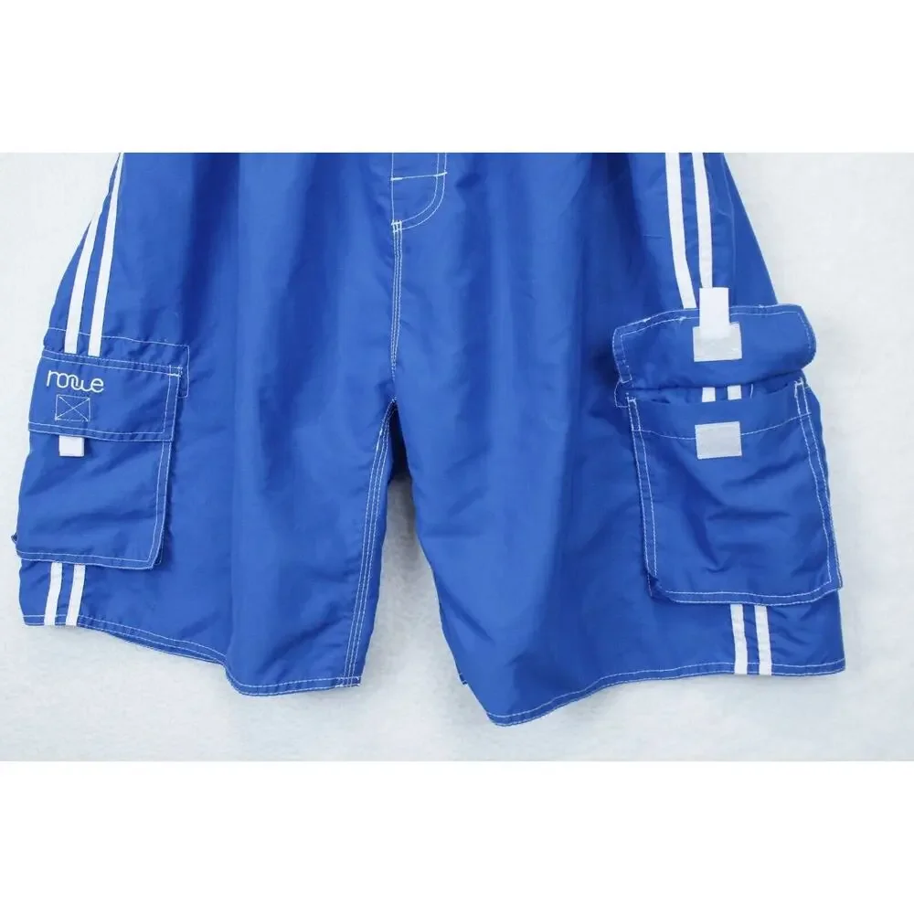 Nonwe Cargo Swim Trunks Men 38 Drawstring White Side Stripe Blue Beach Shorts